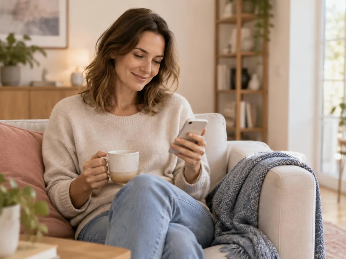 Patient booker tid på sin telefon i sofaen