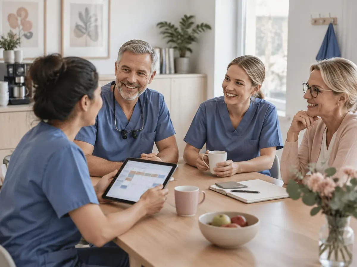 Klinikkens team holder morgenmøde omkring et bord